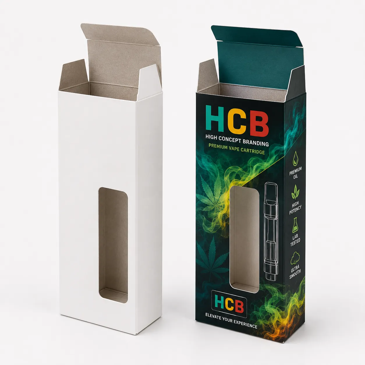 Cardboard tuck top boxes featuring cutout windows for retail display of dank vape cartridges.